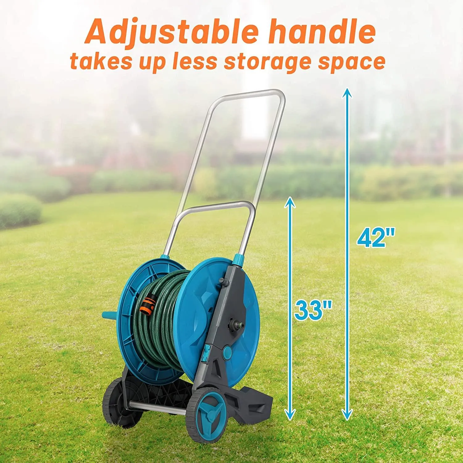 130 Feet Garden Hose Reel Aluminum Hose Reel Cart with Wheels 3/4 Inch 6.6 Feet Leader Hose 7 Patterns Nozzle Included