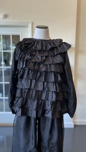 Black Silk Ruffle Blouse