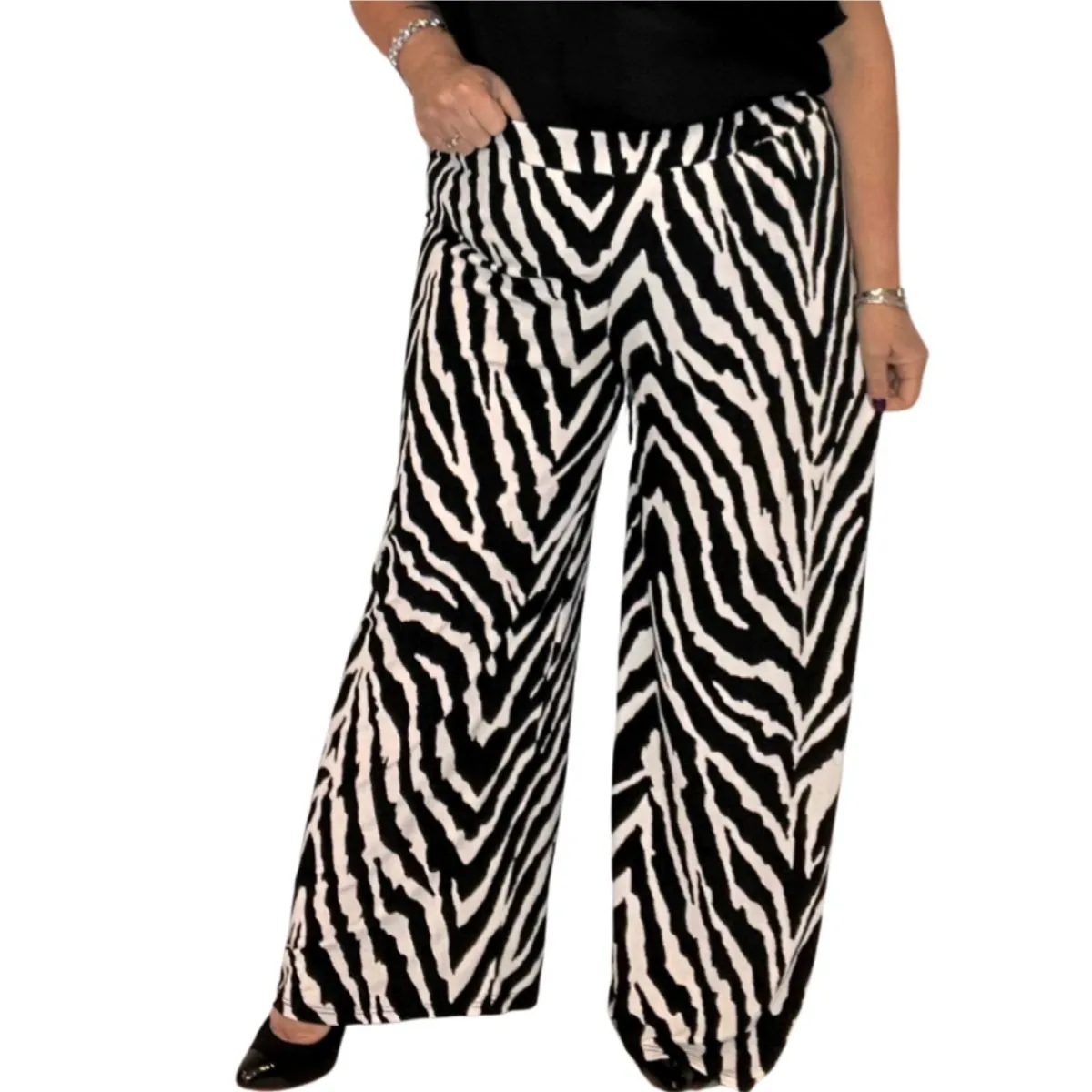 BLACK WHITE ZEBRA ELASTICATED WAIST PALAZZO TROUSERS