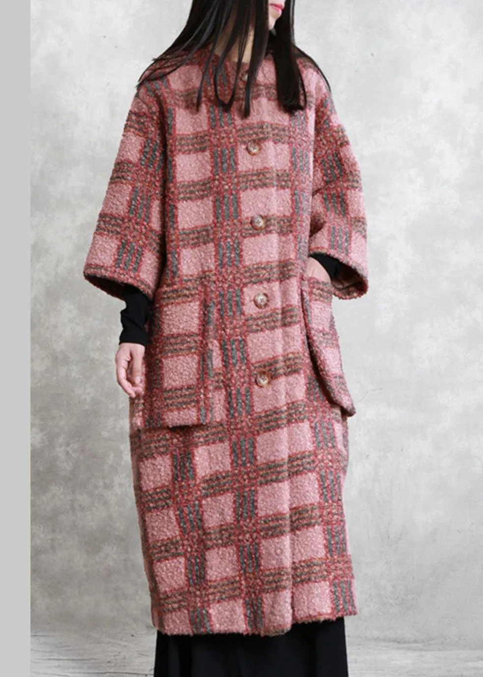 boutique red plaid Woolen Coats oversized long winter pockets Button coat