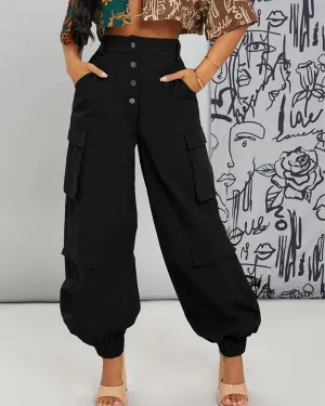 Button Me Up Flap Pocket Fly Black Cargo Pants