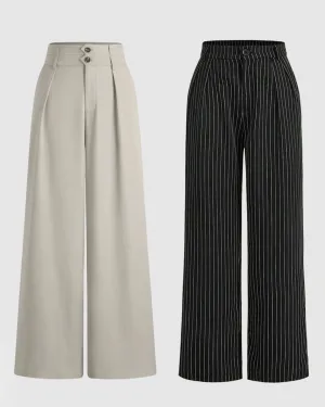 Combo Of two : New Nostalgia Solid High Waist Pleated Wide Leg Pants In Offwhite & Trendy Korean Style Pinstripe Black Trousers