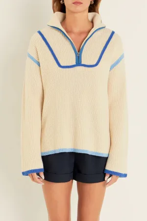 Contrast Piping Quarter-Zip Sweater (Blue Multi)