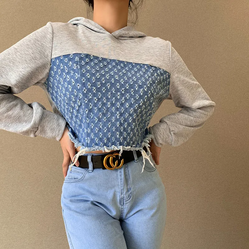 Denim patchwork top Hooded Sweater