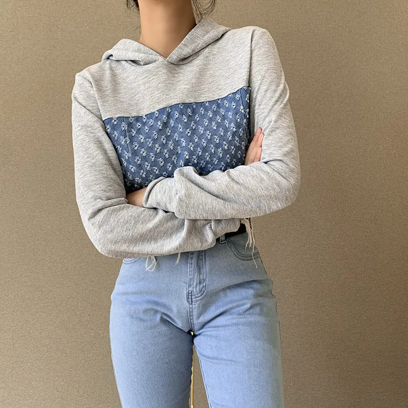 Denim patchwork top Hooded Sweater