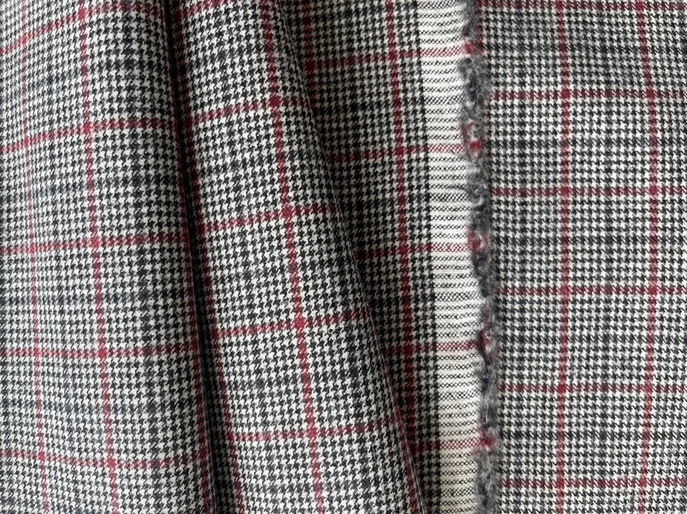 High-End Black, Off-White & Wine Plaid Wool Flannel (Made in Italy)