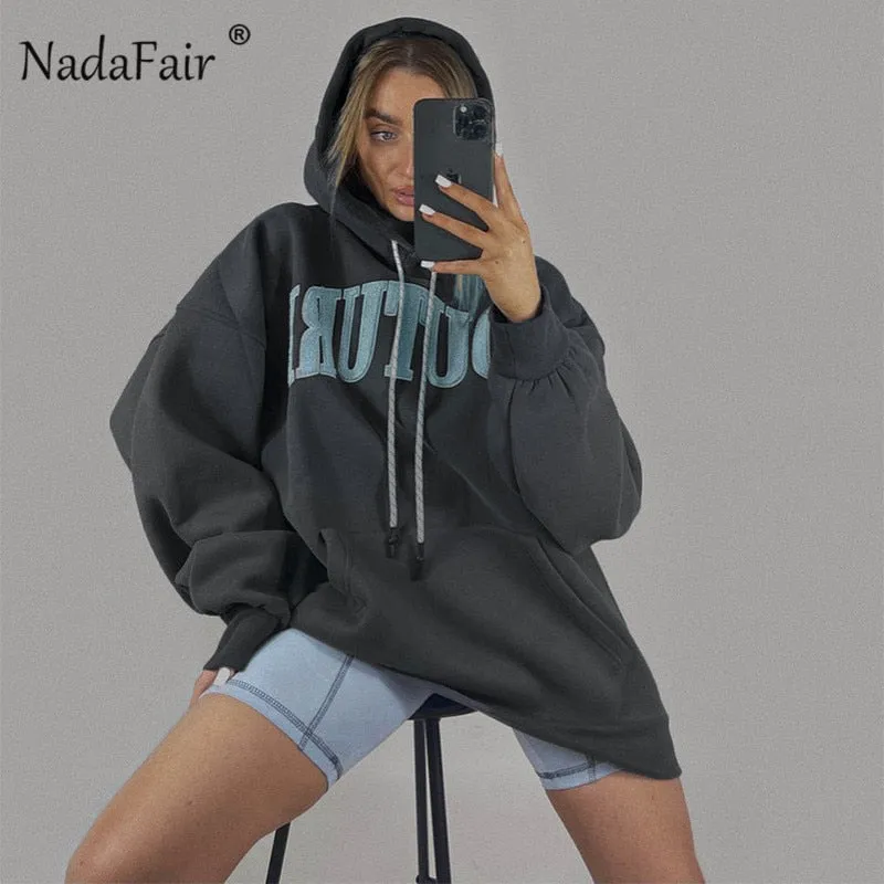 Joskaa Christmas Gift Nadafair Letter Print Hooded Oversized Sweatshirts 90s E-girl Long Sleeve Autumn Winter Coats Women Streetwear Fashion Hoodies