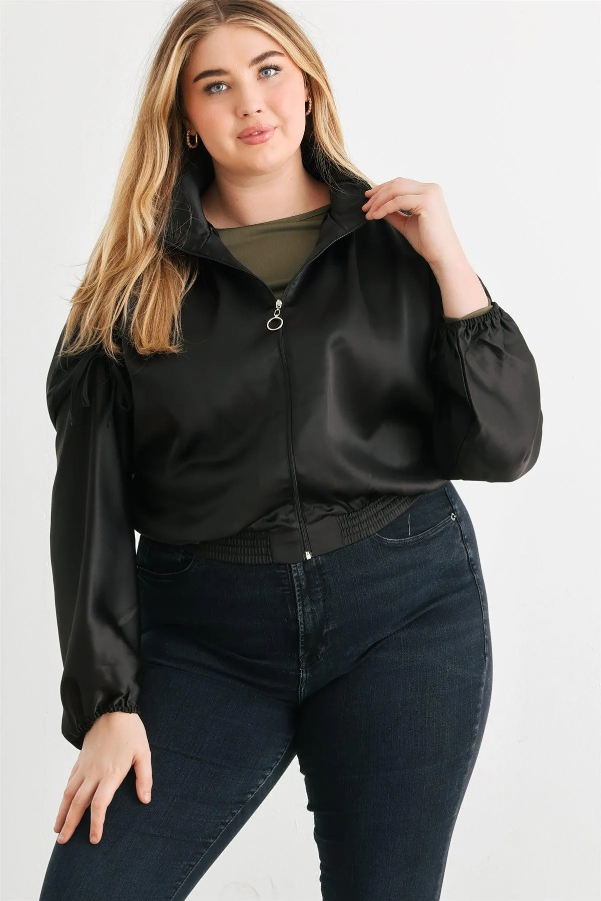 Junior Plus Satin Ruched Cropped Bomber Jacket