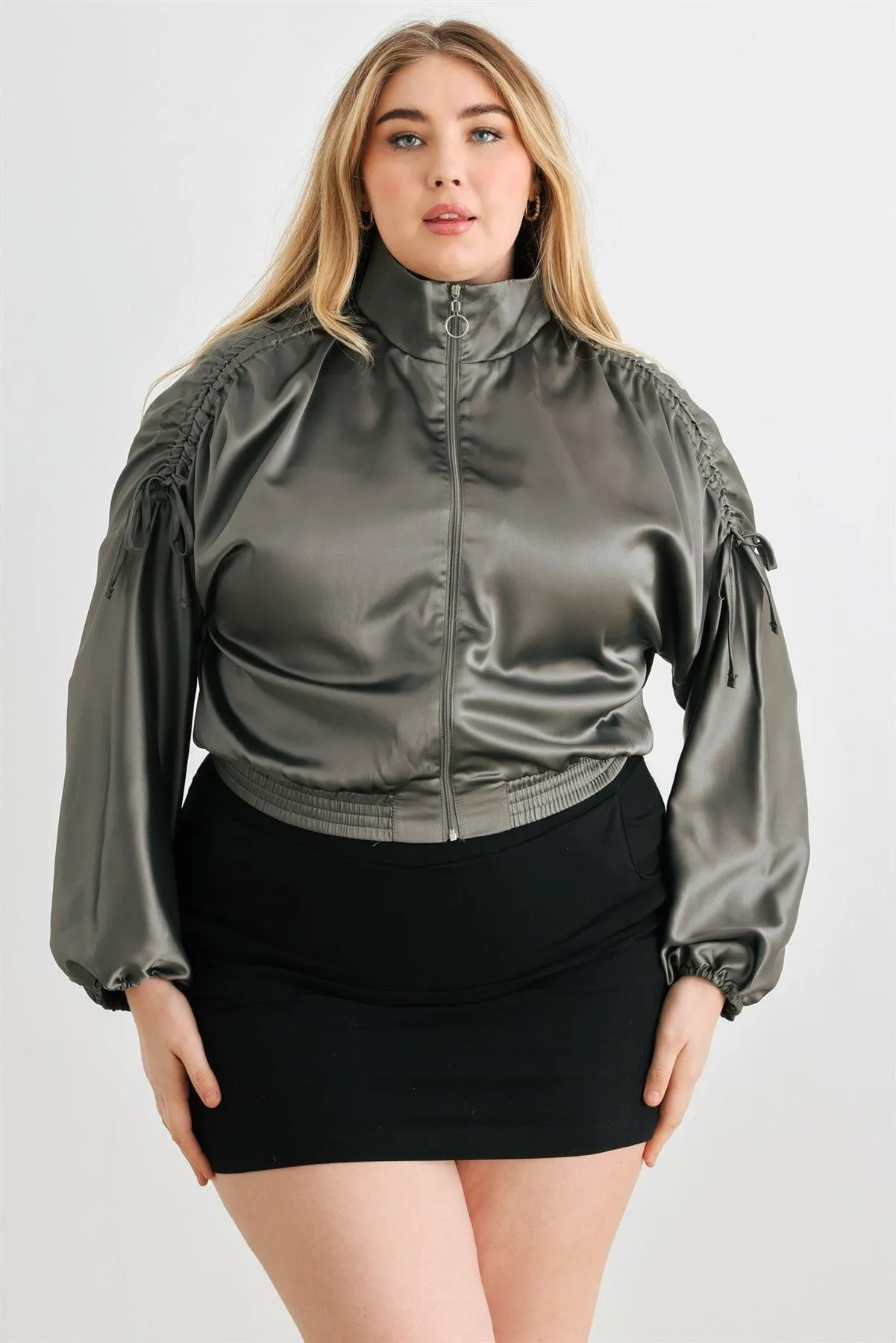 Junior Plus Satin Ruched Cropped Bomber Jacket