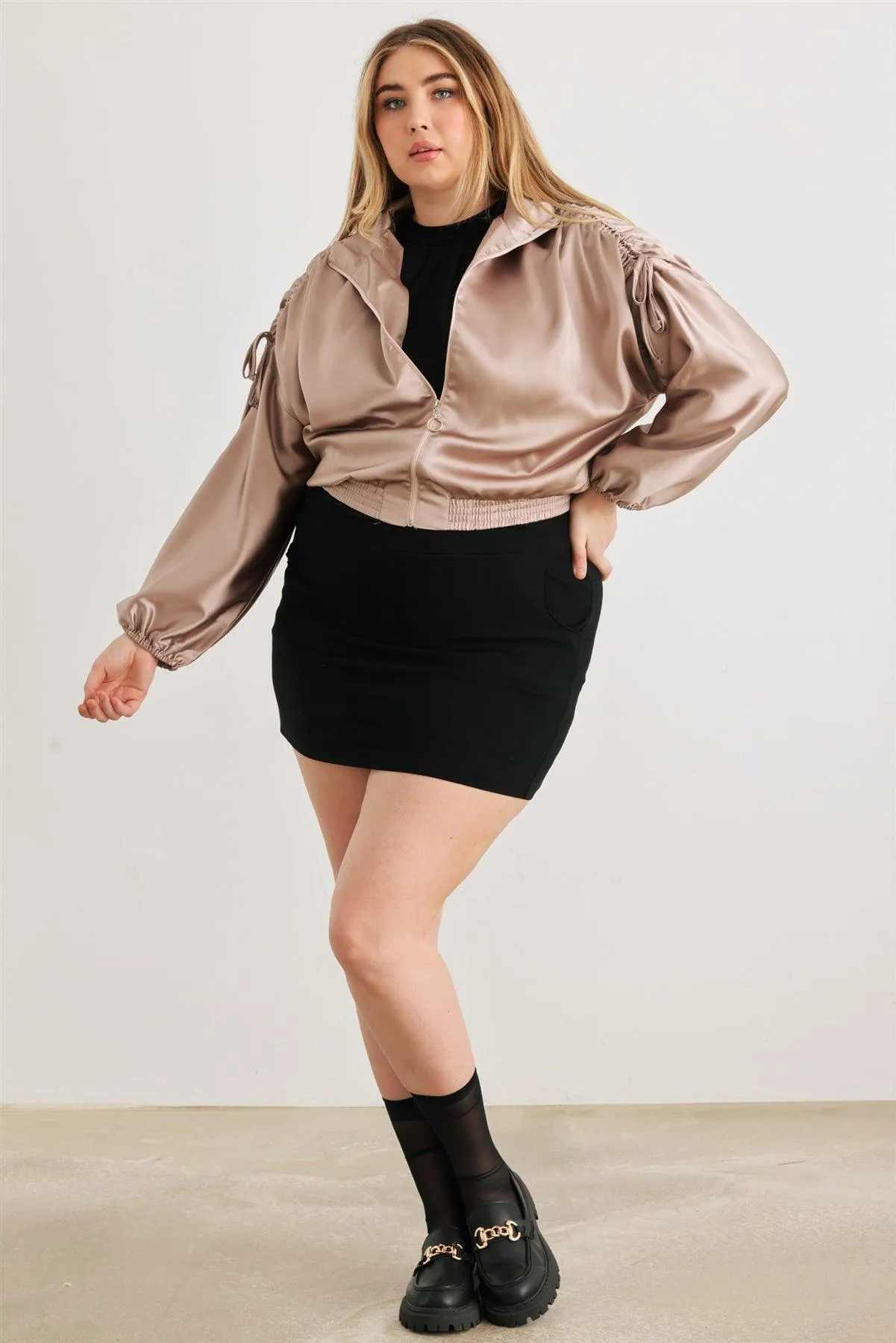 Junior Plus Satin Ruched Cropped Bomber Jacket