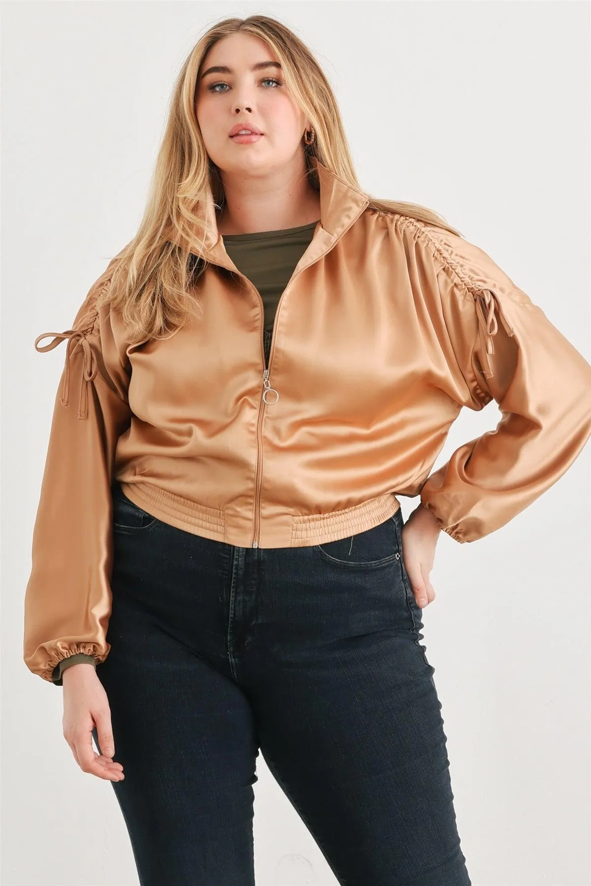 Junior Plus Satin Ruched Cropped Bomber Jacket