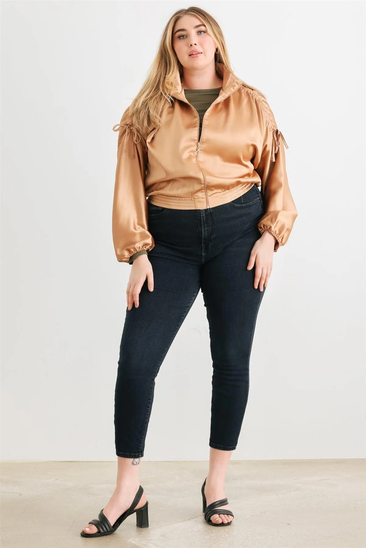 Junior Plus Satin Ruched Cropped Bomber Jacket