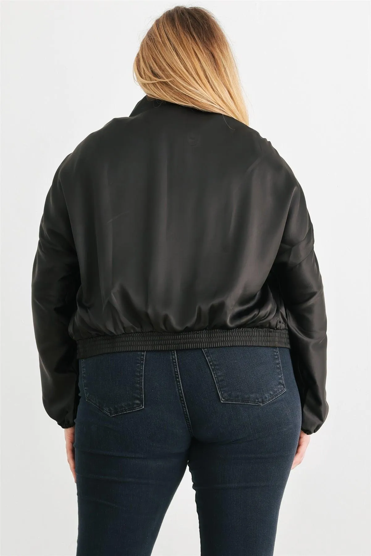 Junior Plus Satin Ruched Cropped Bomber Jacket