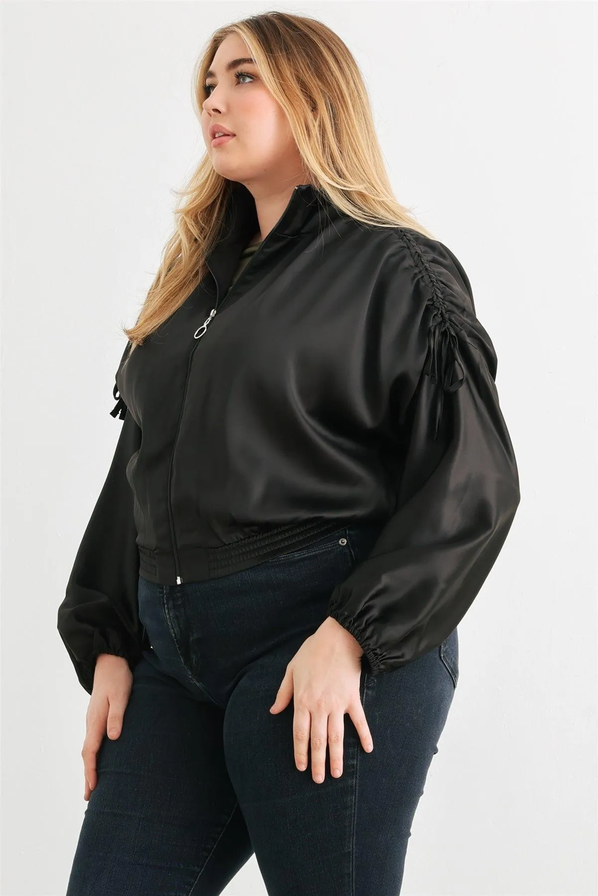 Junior Plus Satin Ruched Cropped Bomber Jacket