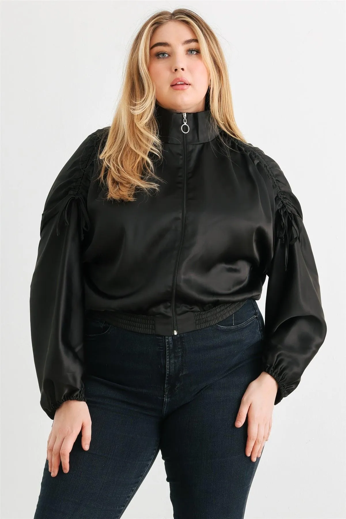 Junior Plus Satin Ruched Cropped Bomber Jacket