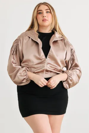 Junior Plus Satin Ruched Cropped Bomber Jacket