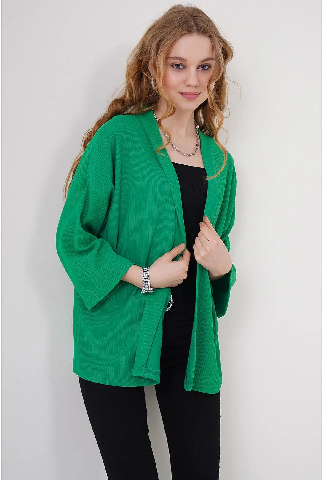 Knitted Womens Kimono Cardigan - Green