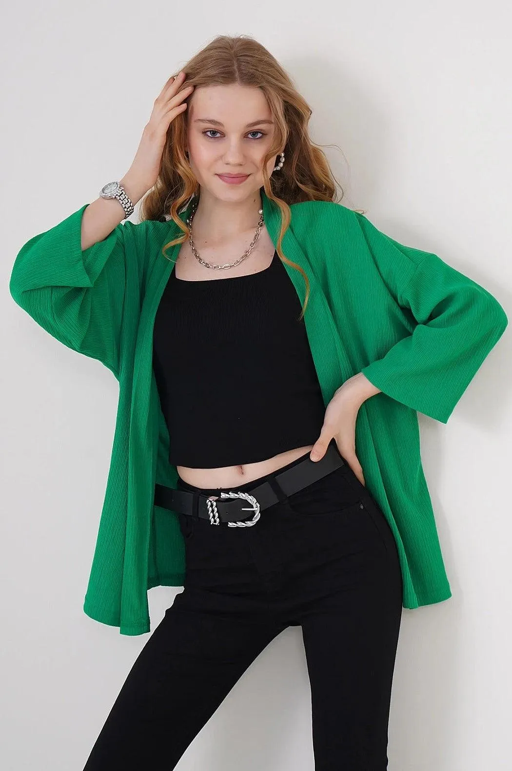 Knitted Womens Kimono Cardigan - Green