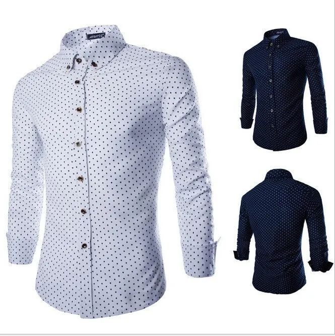 Mens Dress Shirts 2015 Brand New Men Cotton Business Slim Fit Polka Dot Long Sleeve French Cuff Social Shirt