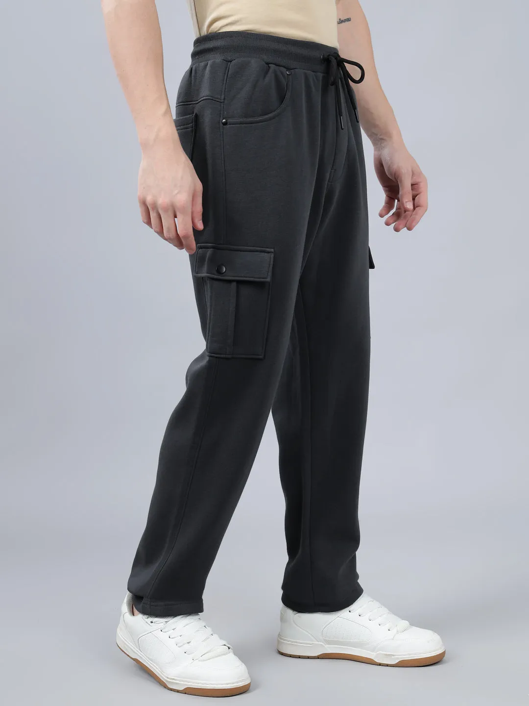 Men's Grey Solid Full Length Winter Cargo Pant