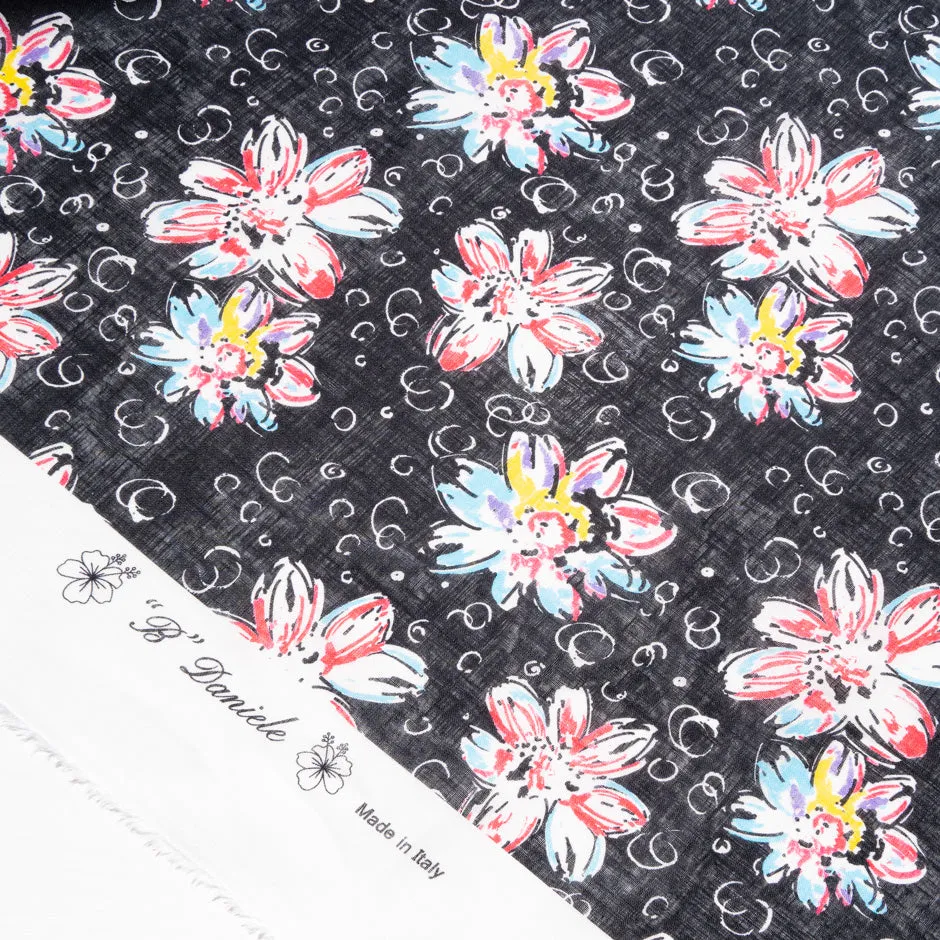 Multi Floral Printed Black Handkerchief Linen