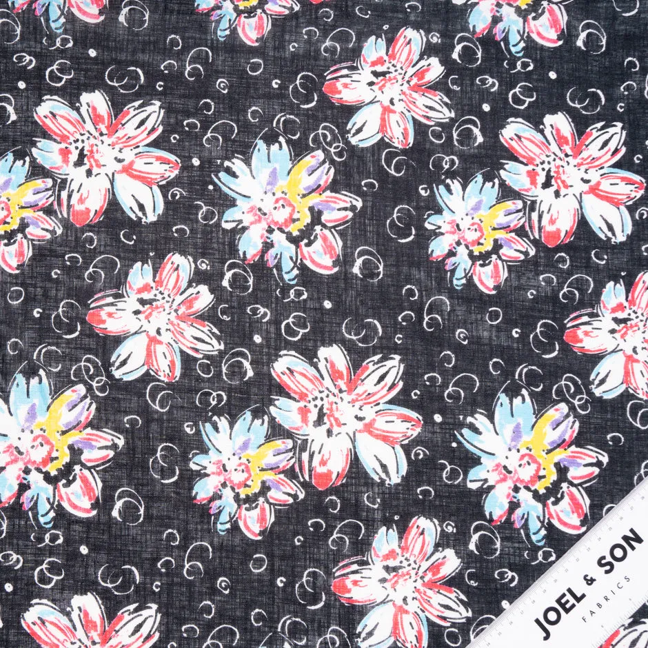 Multi Floral Printed Black Handkerchief Linen