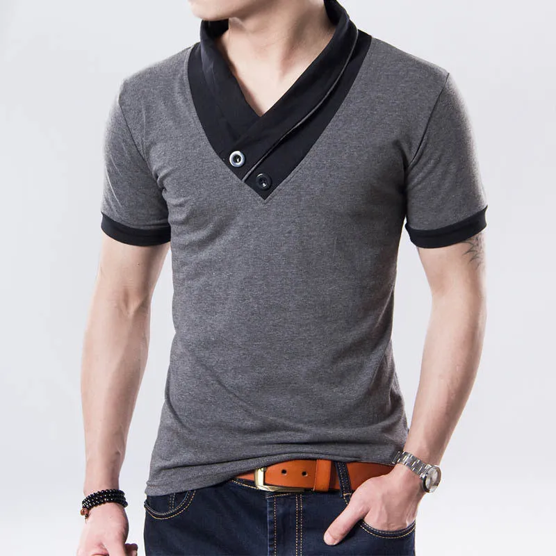 New Mens summer leisure T-shirt fashion slim short sleeve V neck T shirt button decorating Tees Tops