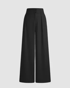 New Nostalgia Solid High Waist Pleated Wide Leg Pants In Black