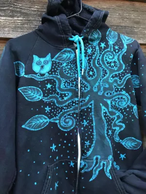 Owl Perched In Misty Forest Handmade Batik Hoodie - Organic Cotton