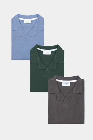 Pack of 3 Waffle Revere Polo Shirts - Sapphire Blue, Bottle Green & Heather Grey