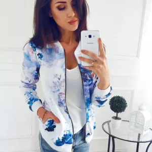 Pockets Zipper Long Sleeve Flower Chiffon Jacket