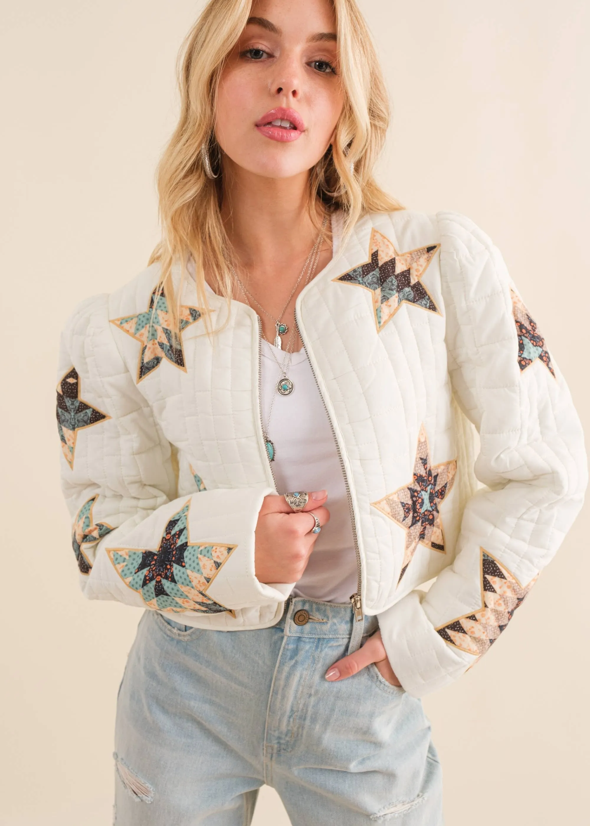 Star Struck Embroidered Quilted Padded Cropped Jacket