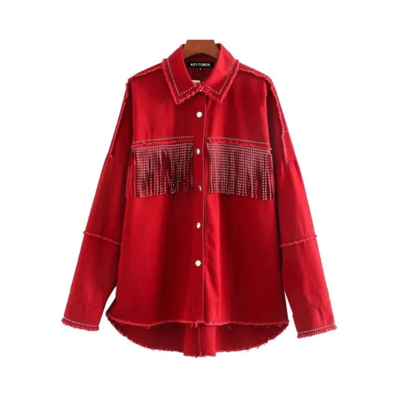 Stylish Fringe Beaded Loose Denim Jacket Long Sleeve Frayed Trim Outerwear