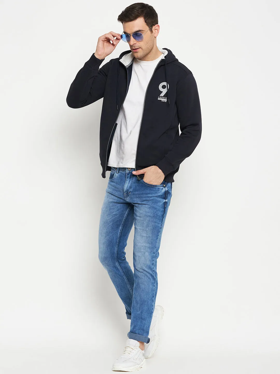 Typography Printed Navy Blue Full Sleeves Hooded Neck Regular Fit Casual Sweatshirt for Men