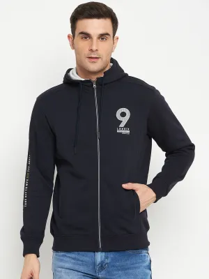 Typography Printed Navy Blue Full Sleeves Hooded Neck Regular Fit Casual Sweatshirt for Men