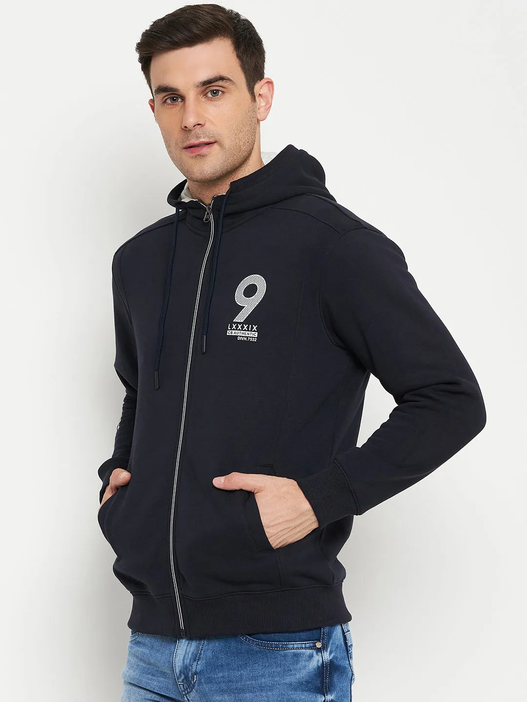 Typography Printed Navy Blue Full Sleeves Hooded Neck Regular Fit Casual Sweatshirt for Men