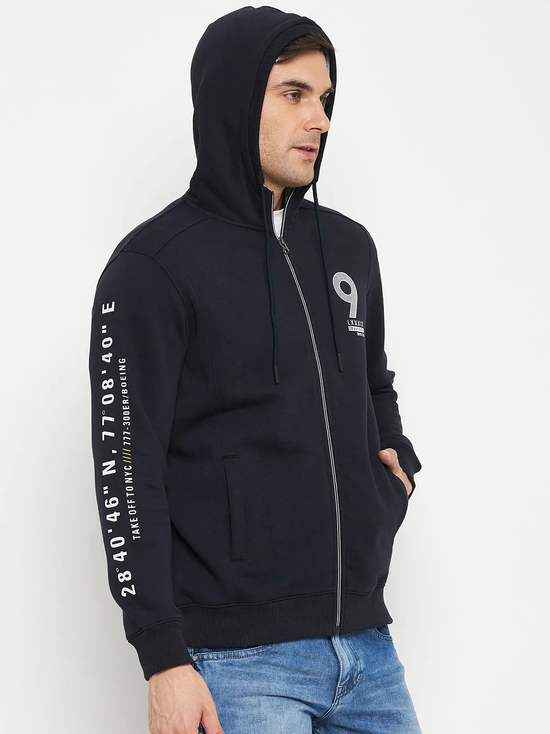 Typography Printed Navy Blue Full Sleeves Hooded Neck Regular Fit Casual Sweatshirt for Men