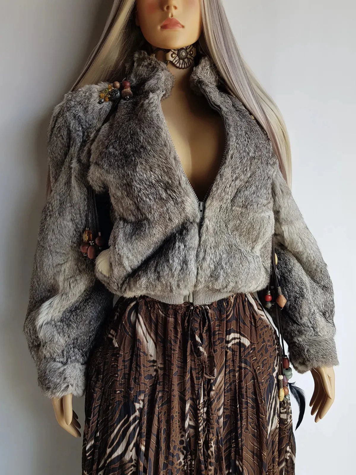 Vintage 100% Rabbit Fur Jacket in Beautiful Soft Grey Tones - Zip front bomber shape with knit features & zip front