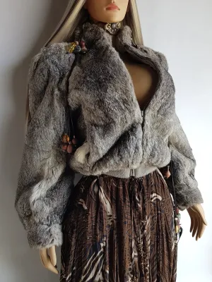 Vintage 100% Rabbit Fur Jacket in Beautiful Soft Grey Tones - Zip front bomber shape with knit features & zip front