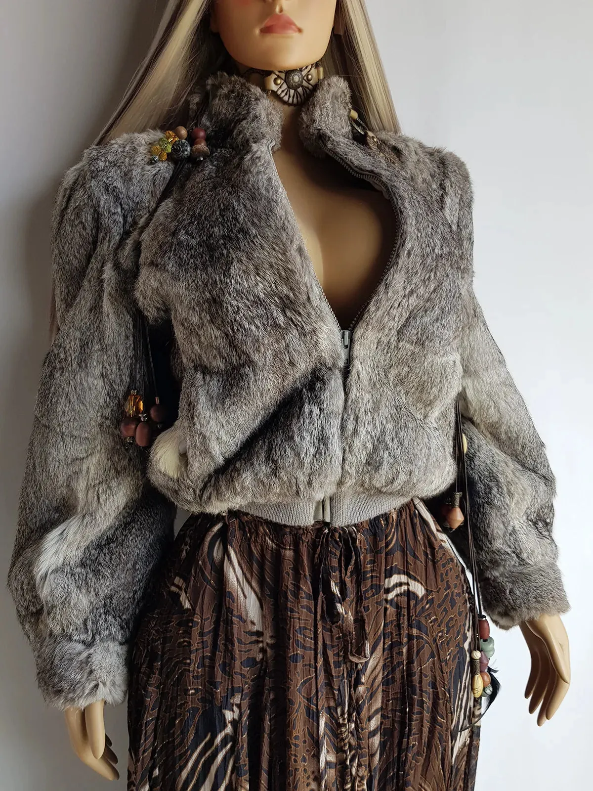 Vintage 100% Rabbit Fur Jacket in Beautiful Soft Grey Tones - Zip front bomber shape with knit features & zip front