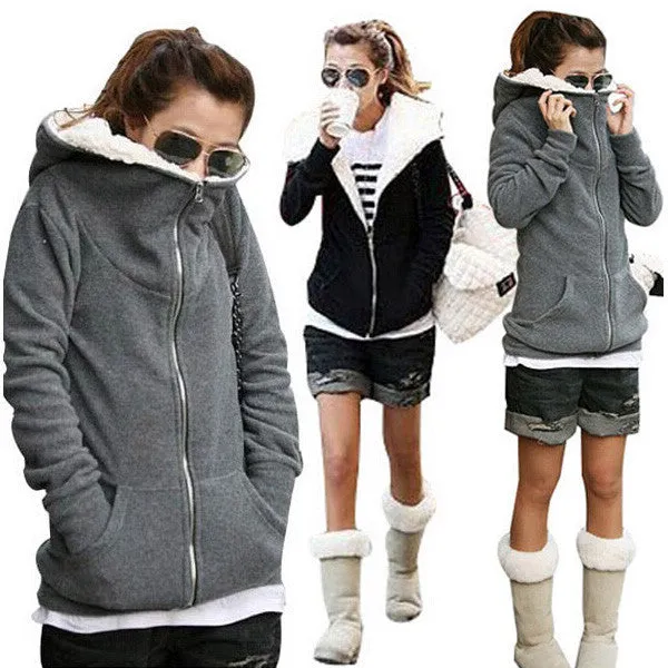 Women Ladies Winter Warm Zip Up Thick Fleece Black/Grey Outerwear Hooded Sweatshirt Hoodies Coat Jacket