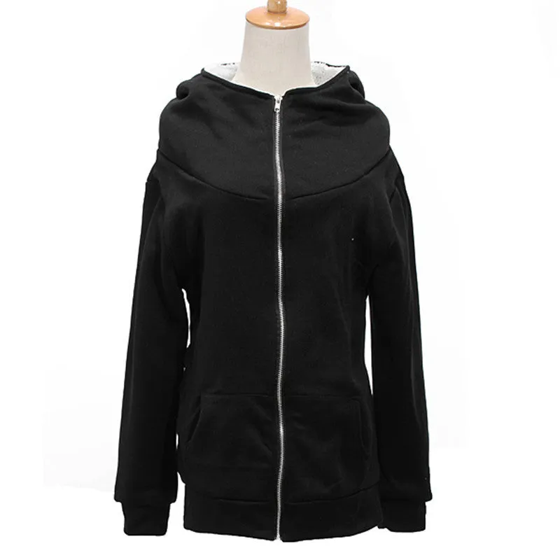 Women Ladies Winter Warm Zip Up Thick Fleece Black/Grey Outerwear Hooded Sweatshirt Hoodies Coat Jacket