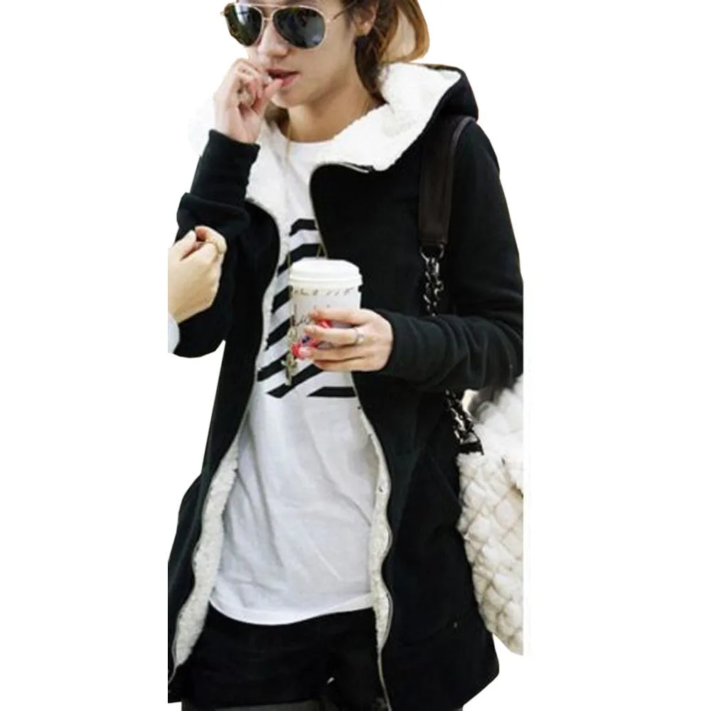 Women Ladies Winter Warm Zip Up Thick Fleece Black/Grey Outerwear Hooded Sweatshirt Hoodies Coat Jacket