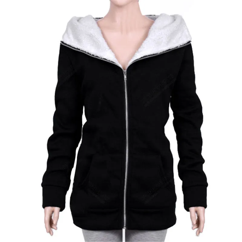 Women Ladies Winter Warm Zip Up Thick Fleece Black/Grey Outerwear Hooded Sweatshirt Hoodies Coat Jacket