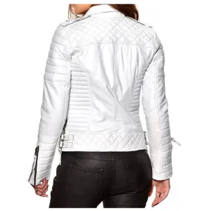 Women Soft Slim Fit Motorcycle Leather Jacket White