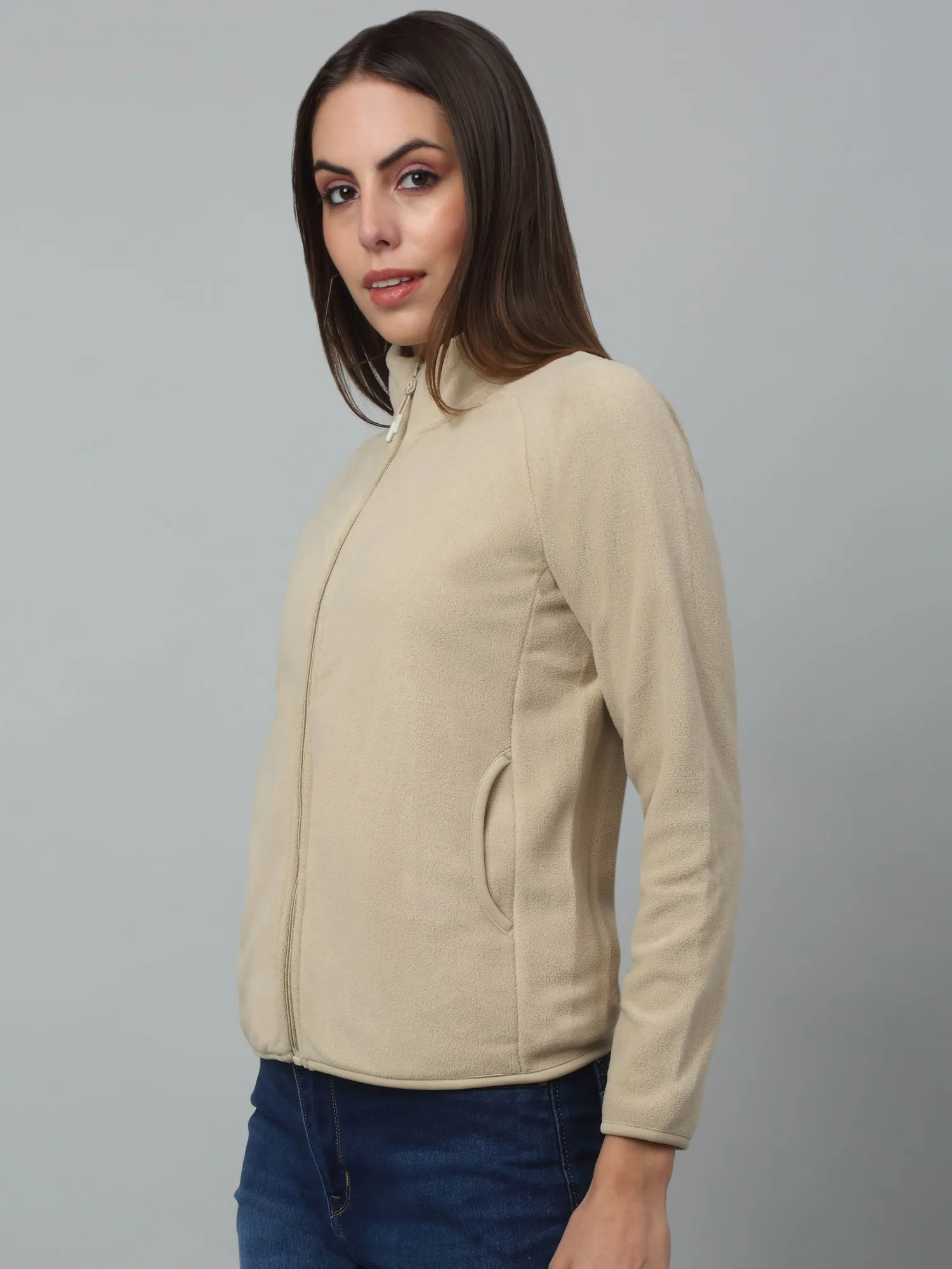 Women's Casual  Beige Raglan Full Sleeve Zipthru  Fleece Sweatshirt