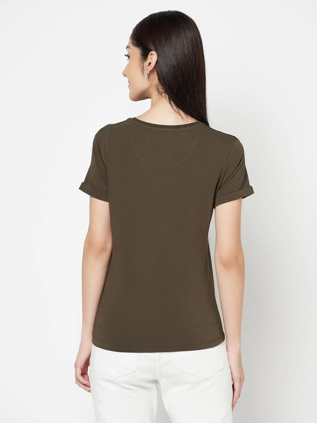 Women's Casual Regular Short Sleeve Olive Green Round neck Typographic Print T-Shirt