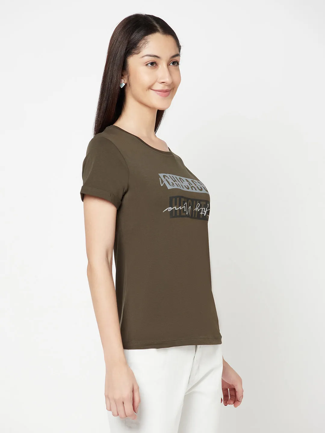 Women's Casual Regular Short Sleeve Olive Green Round neck Typographic Print T-Shirt