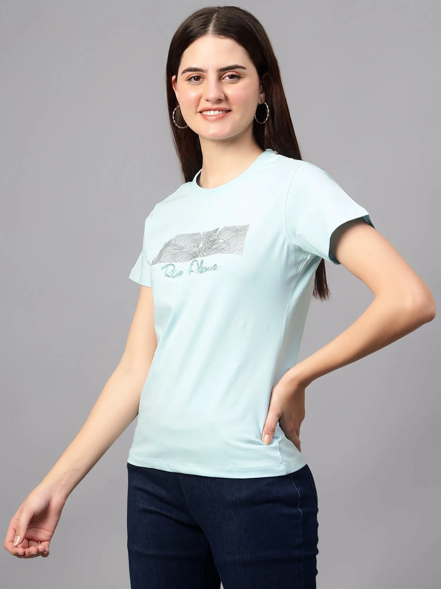 Women's Casual Regular Short Sleeve Sky Blue Round neck Bead work & Print T-Shirt