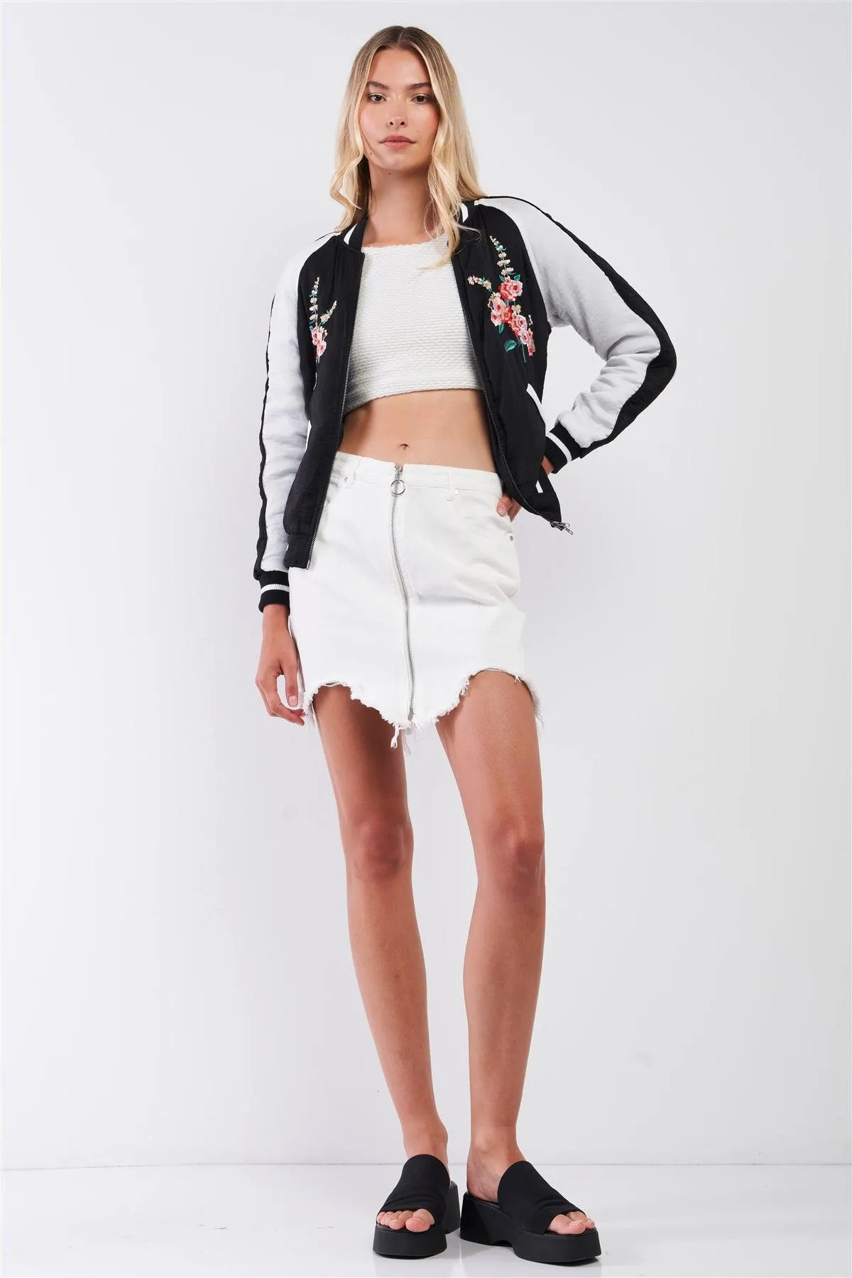 Zarina Vintage Black & White Floral Embroidery Trim Bomber Jacket /1-2-1-2